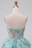 Mint Green Corset Strapless Tiered Ruffle Short Cocktail Dress with Embroidery