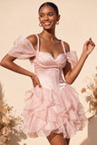 Pink Corset Cold Shoulder Short Cocktail Dress with Ruffle Hem