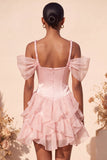 Pink Corset Cold Shoulder Short Cocktail Dress with Ruffle Hem