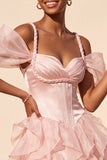 Pink Corset Cold Shoulder Short Cocktail Dress with Ruffle Hem
