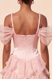 Pink Corset Cold Shoulder Short Cocktail Dress with Ruffle Hem