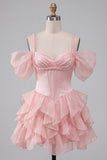 Pink Corset Cold Shoulder Short Cocktail Dress with Ruffle Hem