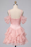 Pink Corset Cold Shoulder Short Cocktail Dress with Ruffle Hem