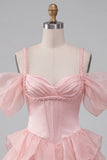 Pink Corset Cold Shoulder Short Cocktail Dress with Ruffle Hem