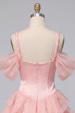 Pink Corset Cold Shoulder Short Cocktail Dress with Ruffle Hem