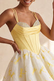 Yellow A Line Corset Sweetheart Bubble Hem Short Homecoming Dress with Rhinestones