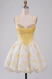 Yellow A Line Corset Sweetheart Bubble Hem Short Homecoming Dress with Rhinestones
