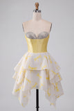 Yellow A-Line Corset Sweetheart Printed High-Low Homecoming Dress with Rhinestones