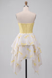 Yellow A-Line Corset Sweetheart Printed High-Low Homecoming Dress with Rhinestones