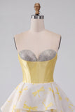 Yellow A-Line Corset Sweetheart Printed High-Low Homecoming Dress with Rhinestones