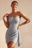 Grey Blue Corset Bodycon Strapless Ruched Short Cocktail Dress with Side Streamer