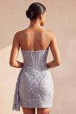 Grey Blue Corset Bodycon Strapless Ruched Short Cocktail Dress with Side Streamer