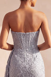 Grey Blue Corset Bodycon Strapless Ruched Short Cocktail Dress with Side Streamer