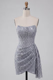 Grey Blue Corset Bodycon Strapless Ruched Short Cocktail Dress with Side Streamer