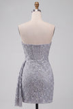 Grey Blue Corset Bodycon Strapless Ruched Short Cocktail Dress with Side Streamer