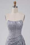 Grey Blue Corset Bodycon Strapless Ruched Short Cocktail Dress with Side Streamer