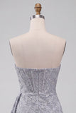 Grey Blue Corset Bodycon Strapless Ruched Short Cocktail Dress with Side Streamer