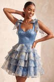 Grey Blue A-Line Bow-Strap Sweetheart Tiered Ruffle Cocktail Dress with Rhinestones