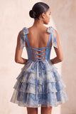 Grey Blue A-Line Bow-Strap Sweetheart Tiered Ruffle Cocktail Dress with Rhinestones
