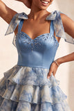 Grey Blue A-Line Bow-Strap Sweetheart Tiered Ruffle Cocktail Dress with Rhinestones