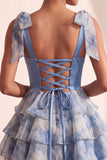 Grey Blue A-Line Bow-Strap Sweetheart Tiered Ruffle Cocktail Dress with Rhinestones