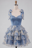 Grey Blue A-Line Bow-Strap Sweetheart Tiered Ruffle Cocktail Dress with Rhinestones