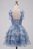 Grey Blue A-Line Bow-Strap Sweetheart Tiered Ruffle Cocktail Dress with Rhinestones