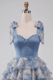 Grey Blue A-Line Bow-Strap Sweetheart Tiered Ruffle Cocktail Dress with Rhinestones