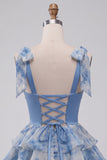 Grey Blue A-Line Bow-Strap Sweetheart Tiered Ruffle Cocktail Dress with Rhinestones