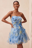 Grey Blue Strapless A-Line Ruched Short Cocktail Dress with 3D Flowers