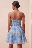 Grey Blue Strapless A-Line Ruched Short Cocktail Dress with 3D Flowers