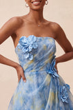 Grey Blue Strapless A-Line Ruched Short Cocktail Dress with 3D Flowers