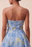 Grey Blue Strapless A-Line Ruched Short Cocktail Dress with 3D Flowers