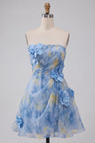 Grey Blue Strapless A-Line Ruched Short Cocktail Dress with 3D Flowers