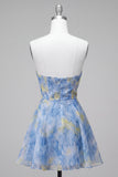 Grey Blue Strapless A-Line Ruched Short Cocktail Dress with 3D Flowers