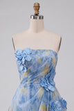 Grey Blue Strapless A-Line Ruched Short Cocktail Dress with 3D Flowers