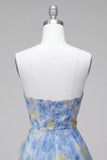 Grey Blue Strapless A-Line Ruched Short Cocktail Dress with 3D Flowers