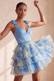 Grey Blue Bow-Strap V-Neck Pearls Tiered Short Cocktail Dress
