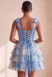Grey Blue Bow-Strap V-Neck Pearls Tiered Short Cocktail Dress