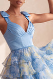 Grey Blue Bow-Strap V-Neck Pearls Tiered Short Cocktail Dress