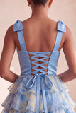 Grey Blue Bow-Strap V-Neck Pearls Tiered Short Cocktail Dress