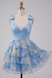 Grey Blue Bow-Strap V-Neck Pearls Tiered Short Cocktail Dress