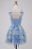 Grey Blue Bow-Strap V-Neck Pearls Tiered Short Cocktail Dress