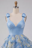 Grey Blue Bow-Strap V-Neck Pearls Tiered Short Cocktail Dress