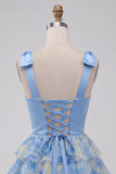 Grey Blue Bow-Strap V-Neck Pearls Tiered Short Cocktail Dress