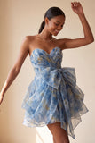 Grey Blue Strapless A-Line Ruched Short Cocktail Dress with Bow