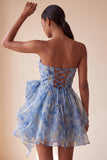 Grey Blue Strapless A-Line Ruched Short Cocktail Dress with Bow