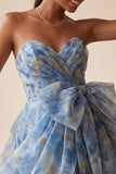Grey Blue Strapless A-Line Ruched Short Cocktail Dress with Bow