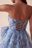 Grey Blue Strapless A-Line Ruched Short Cocktail Dress with Bow