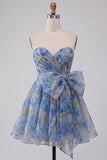 Grey Blue Strapless A-Line Ruched Short Cocktail Dress with Bow